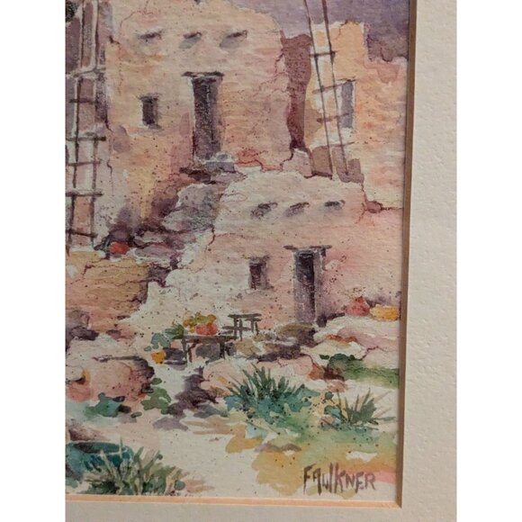 Faulkner Watercolor Painting Of Adobe Pueblo Scene In Copper Frame - Picture 8 of 16
